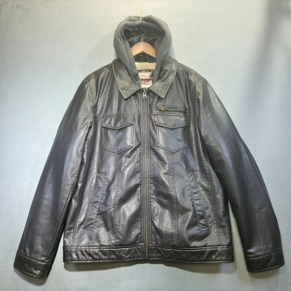 Levi Men's Sherpa Lined Faux Leather Bomber Jacket Hooded Size XL